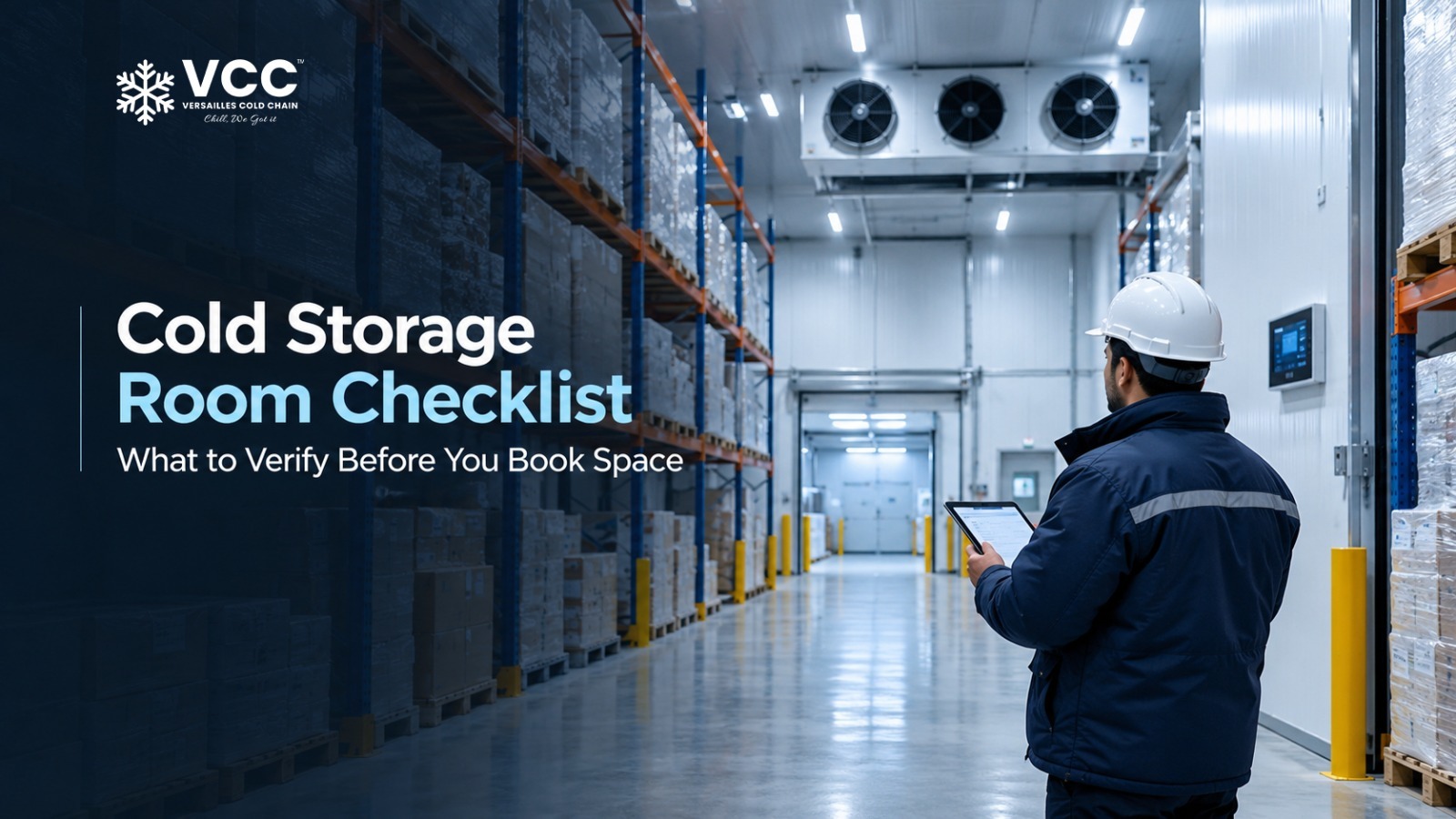 Cold storage room with racked pallets and temperature-controlled chambers