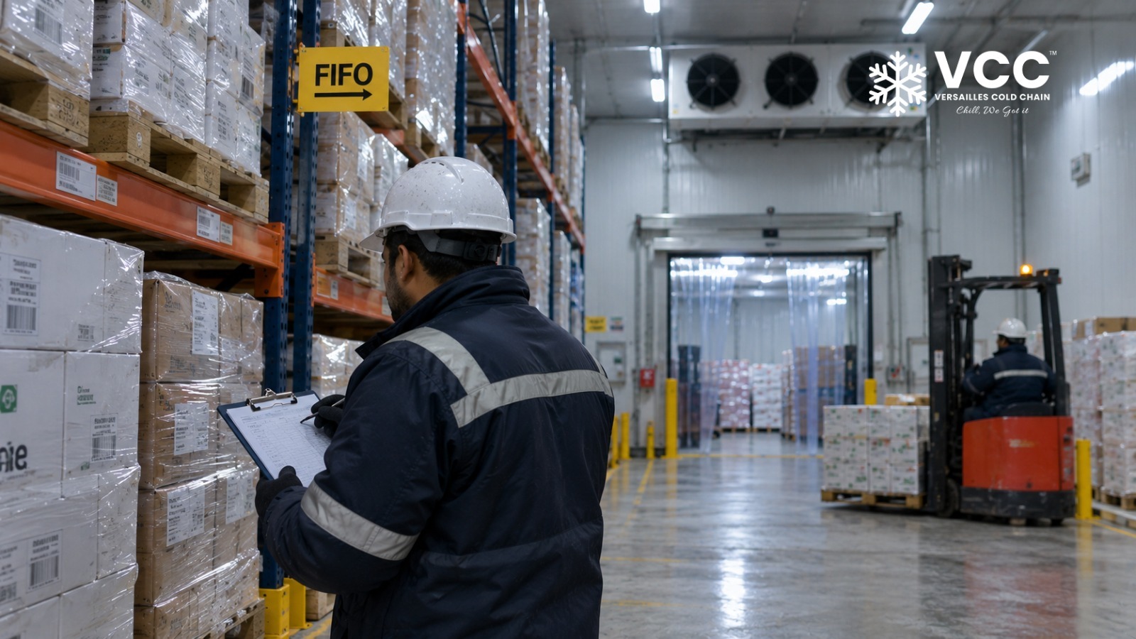 FIFO inventory management in a cold storage warehouse with batch-labelled pallet racks
