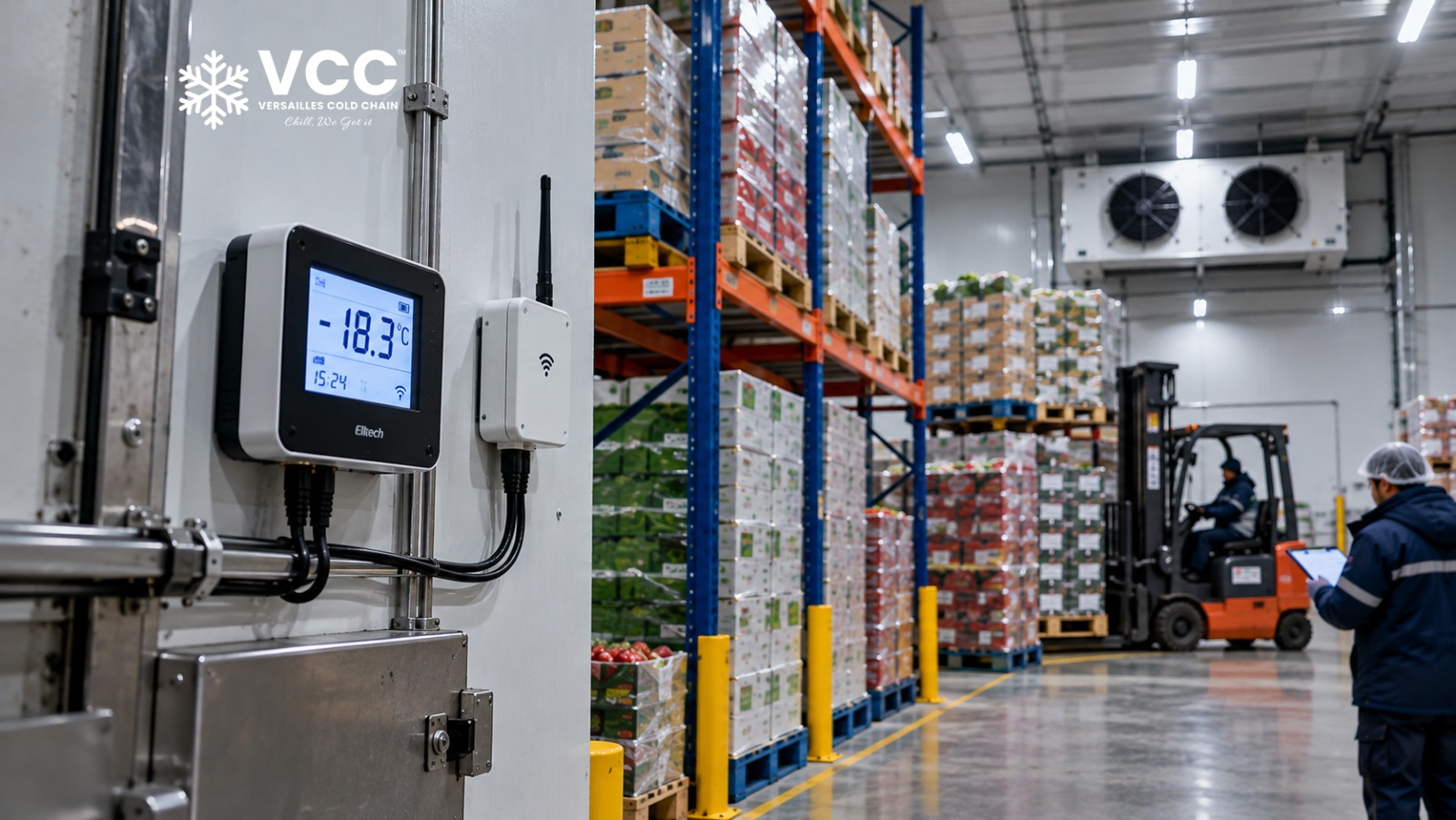 Temperature monitoring sensors and live readings inside a cold storage chamber
